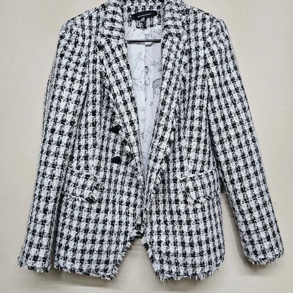 White House Black Market Tweed Fringe Blazer Jacket Women's 10 Black White - Picture 1 of 7